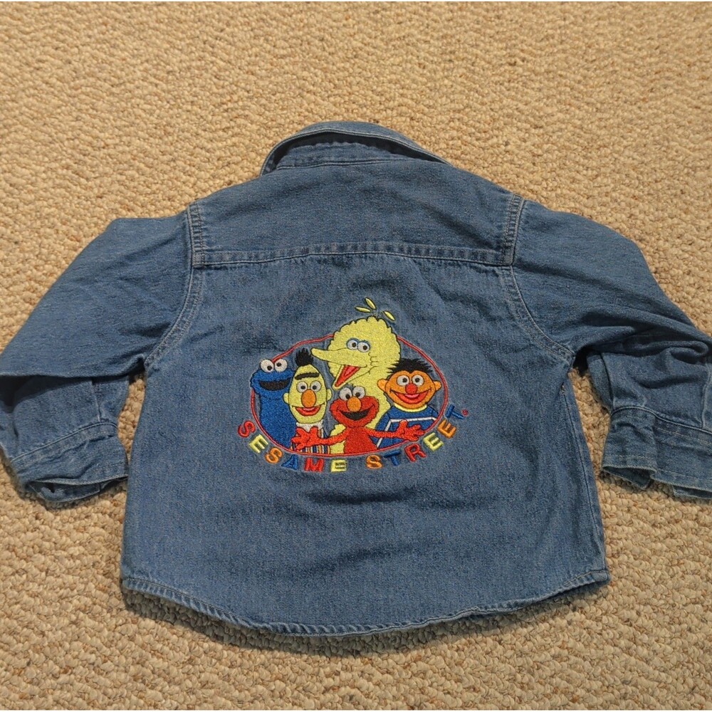 Vintage Sesame Street Denim Button Up Shirt 2T Blue Embroidered Big Bird Elmo